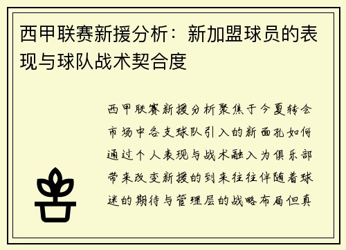 西甲联赛新援分析：新加盟球员的表现与球队战术契合度