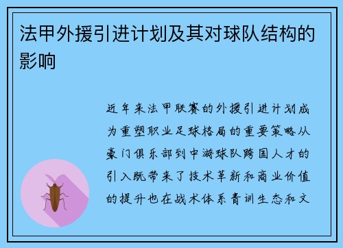 法甲外援引进计划及其对球队结构的影响