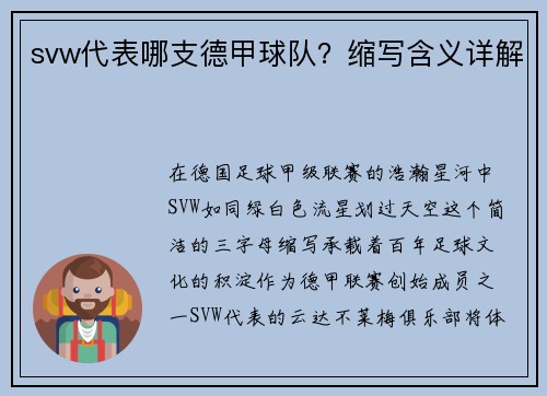 svw代表哪支德甲球队？缩写含义详解